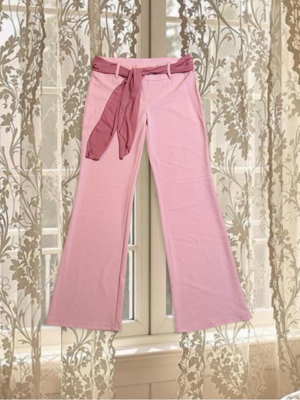 Vintage Y2K Deadstock Pink Low-rise Flare Pants with Chiffon Scarf Belt